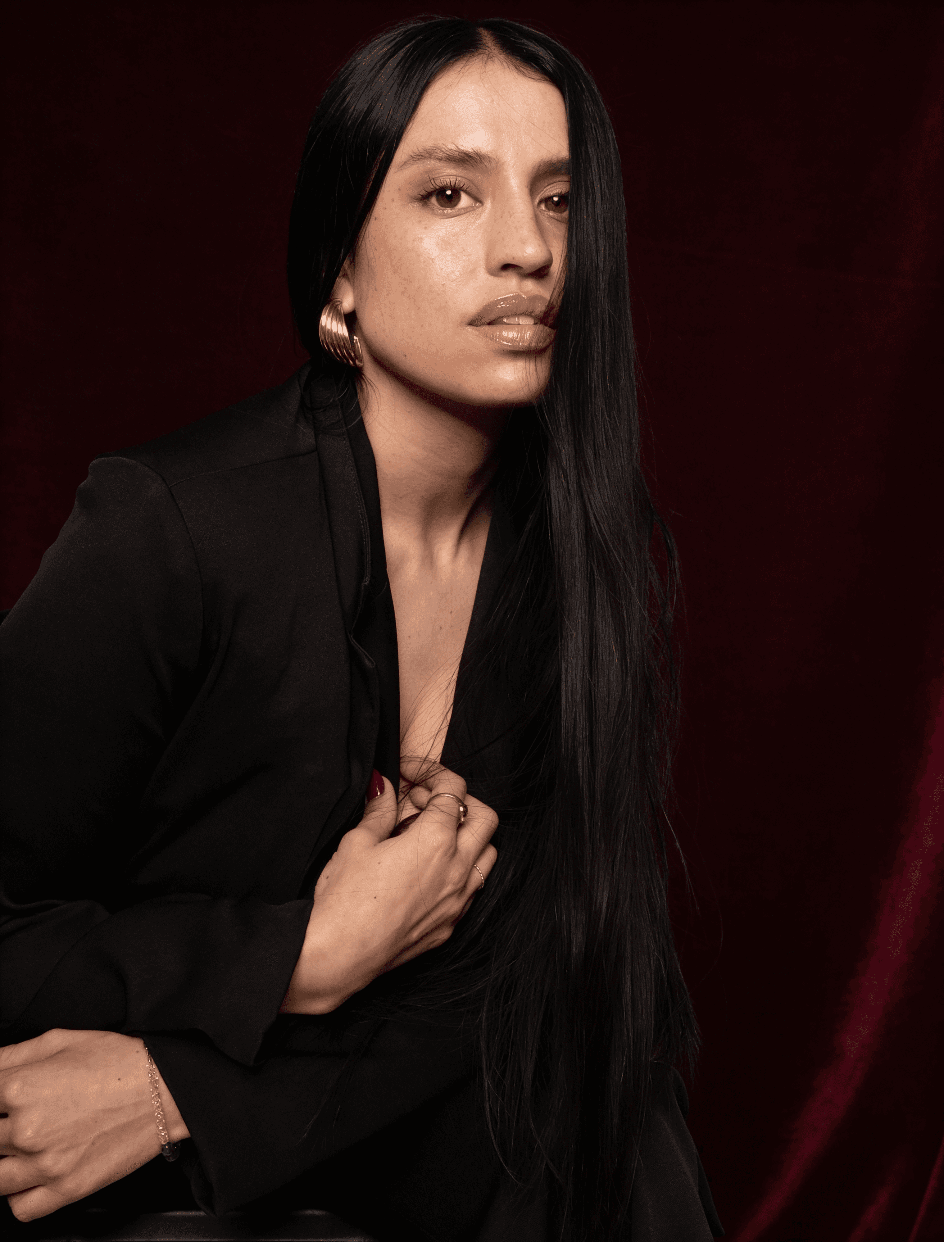 Hareli editorial model black suit luxury fashion campaign Buenos Aires